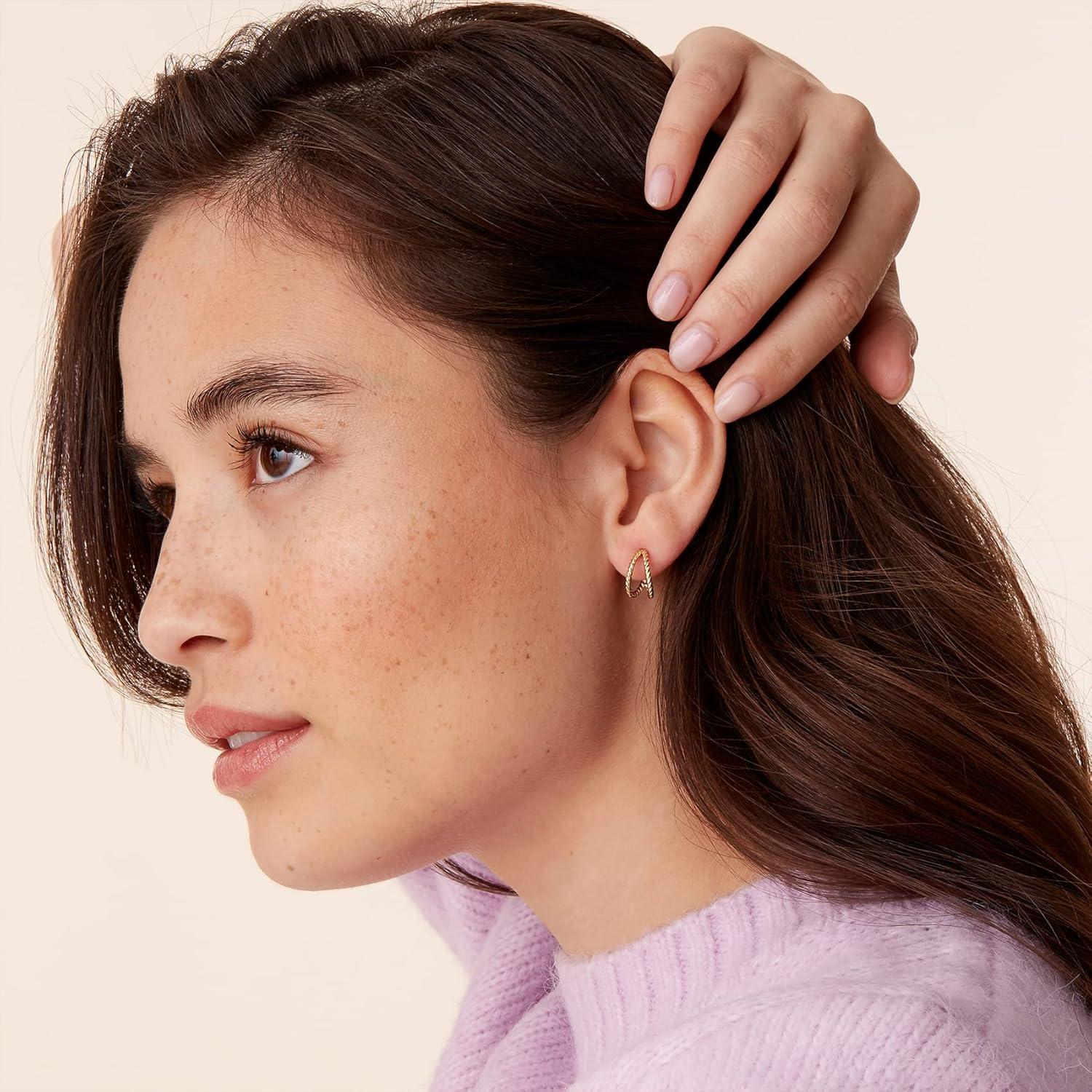 imagePAVOI 14K Gold Plated Split Huggie Hoop Earrings for Women 925 Sterling Silver Posts Dainty Multi Hoop Huggie Earrings Trendy Gold JewelryWhite Gold