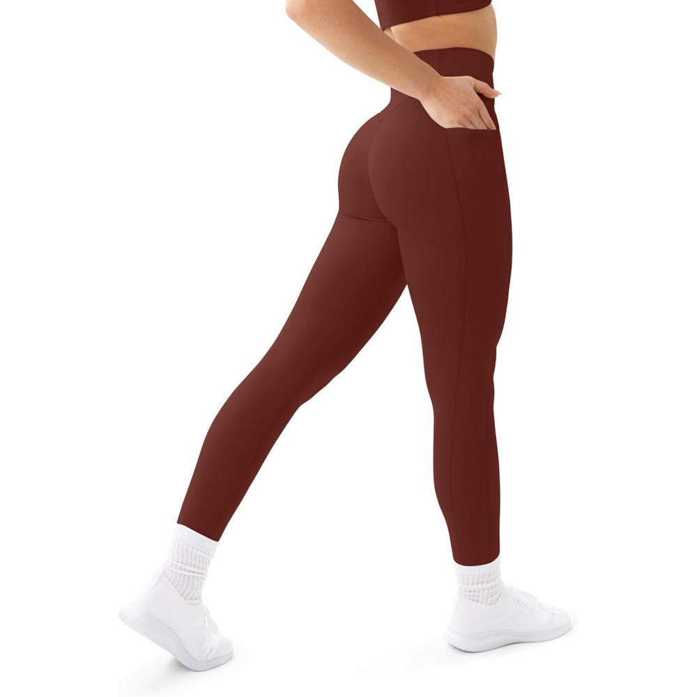 imagePAVOI ACTIVE Leggings with Pockets  Compressive High Waisted Butt Sculpting Womens Full Length Workout Pants  HiPerformChocolate