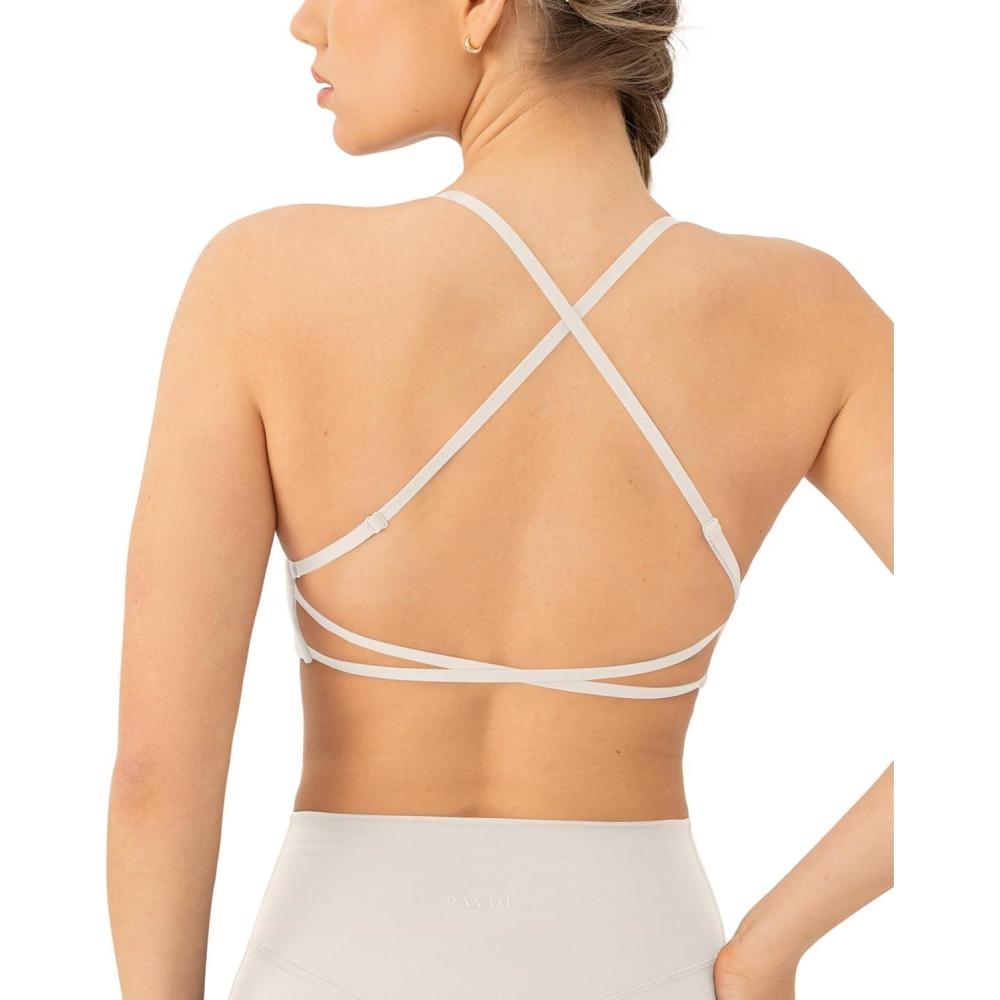 imagePAVOI ACTIVE Open Back Strappy Yoga Workout Bras for Women  Low Support CrissCross Sports Gym Bra Removable Pads  FlexFlowMoon
