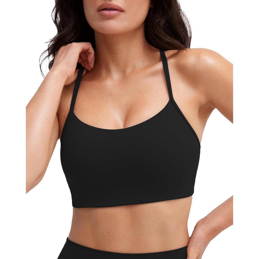 imagePAVOI ACTIVE Yoga Racerback Bras for Women Buttery Soft Low Support Scoop Neck YBack Thin Strap Sports Bra FlexFlowBlack