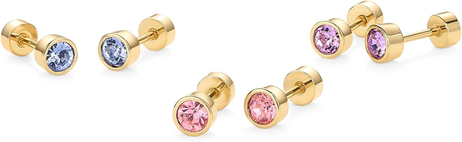 imagePAVOI 14K Gold Plated 925 Sterling Silver Post Colored Cubic Zirconia Flatback Earrings for Women Small Cartilage Stud Earring Helix Piercing JewelryBlue