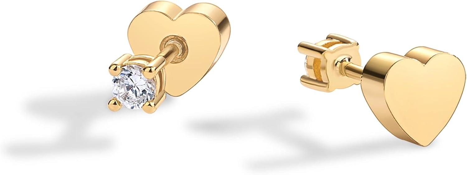 imagePAVOI 14K Gold Plated Double Sided Star and Heart Flat Back Stud Earrings for Women with Cubic Zirconia Celestial Earring Screw Back PairHeart