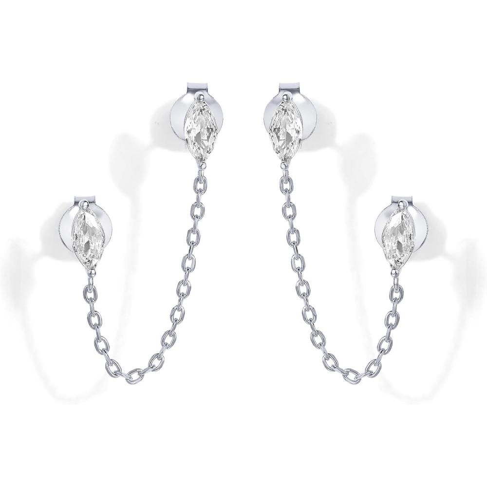 imagePAVOI 14K Gold Plated Delicate CZ Chain Earrings for Women  Double Piercing Dangle Chain Studs  Cubic Zirconia EarscapesWhite Gold