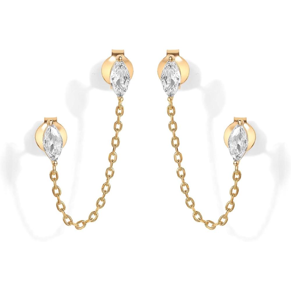 imagePAVOI 14K Gold Plated Delicate CZ Chain Earrings for Women  Double Piercing Dangle Chain Studs  Cubic Zirconia EarscapesYellow Gold