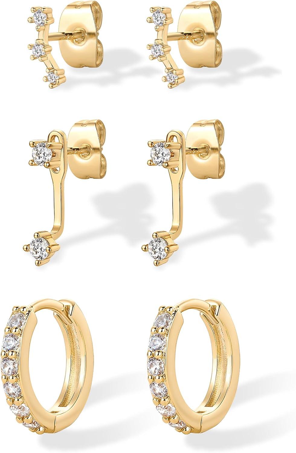 imagePAVOI 18K Gold Plated 925 Sterling Silver Posts Three Pairs Statement Earrings for Women  Cubic Zirconia Gold Earring Pack  Front Back Ear Jacket Crawler Stud Huggie Piercing Jewelry SetEar Jacket