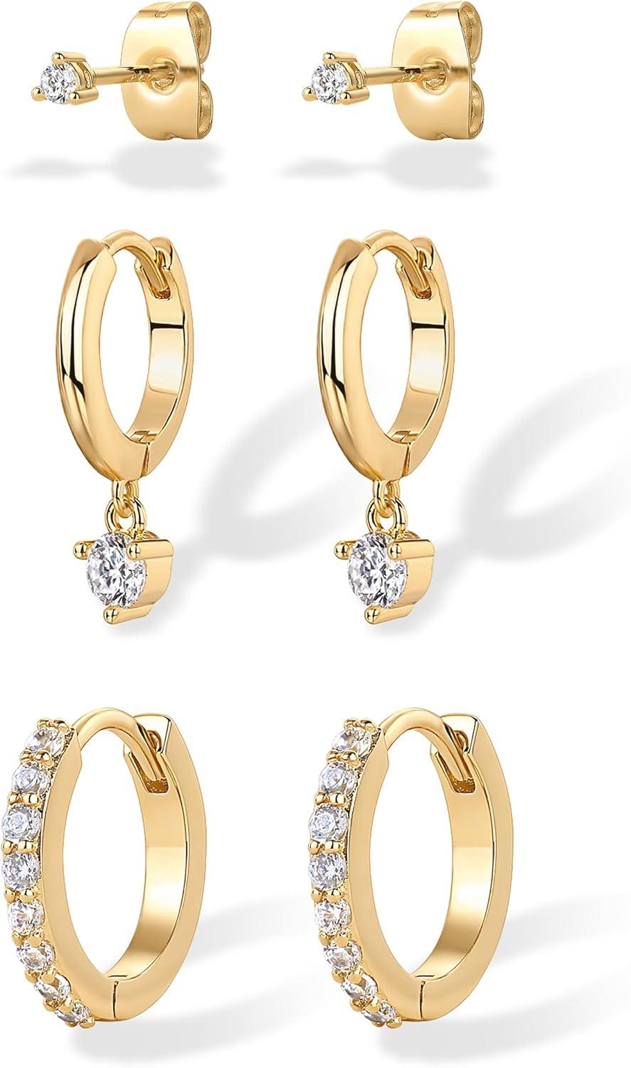 imagePAVOI 18K Gold Plated 925 Sterling Silver Posts Three Pairs Statement Earrings for Women  Cubic Zirconia Gold Earring Pack  Front Back Ear Jacket Crawler Stud Huggie Piercing Jewelry SetMinimalist