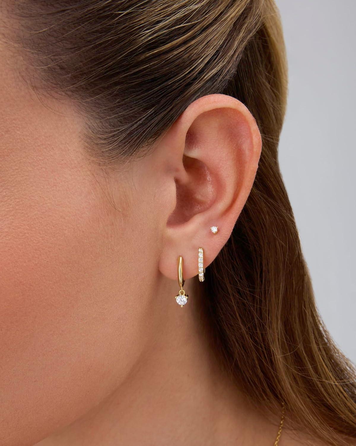 imagePAVOI 18K Gold Plated 925 Sterling Silver Posts Three Pairs Statement Earrings for Women  Cubic Zirconia Gold Earring Pack  Front Back Ear Jacket Crawler Stud Huggie Piercing Jewelry SetMinimalist