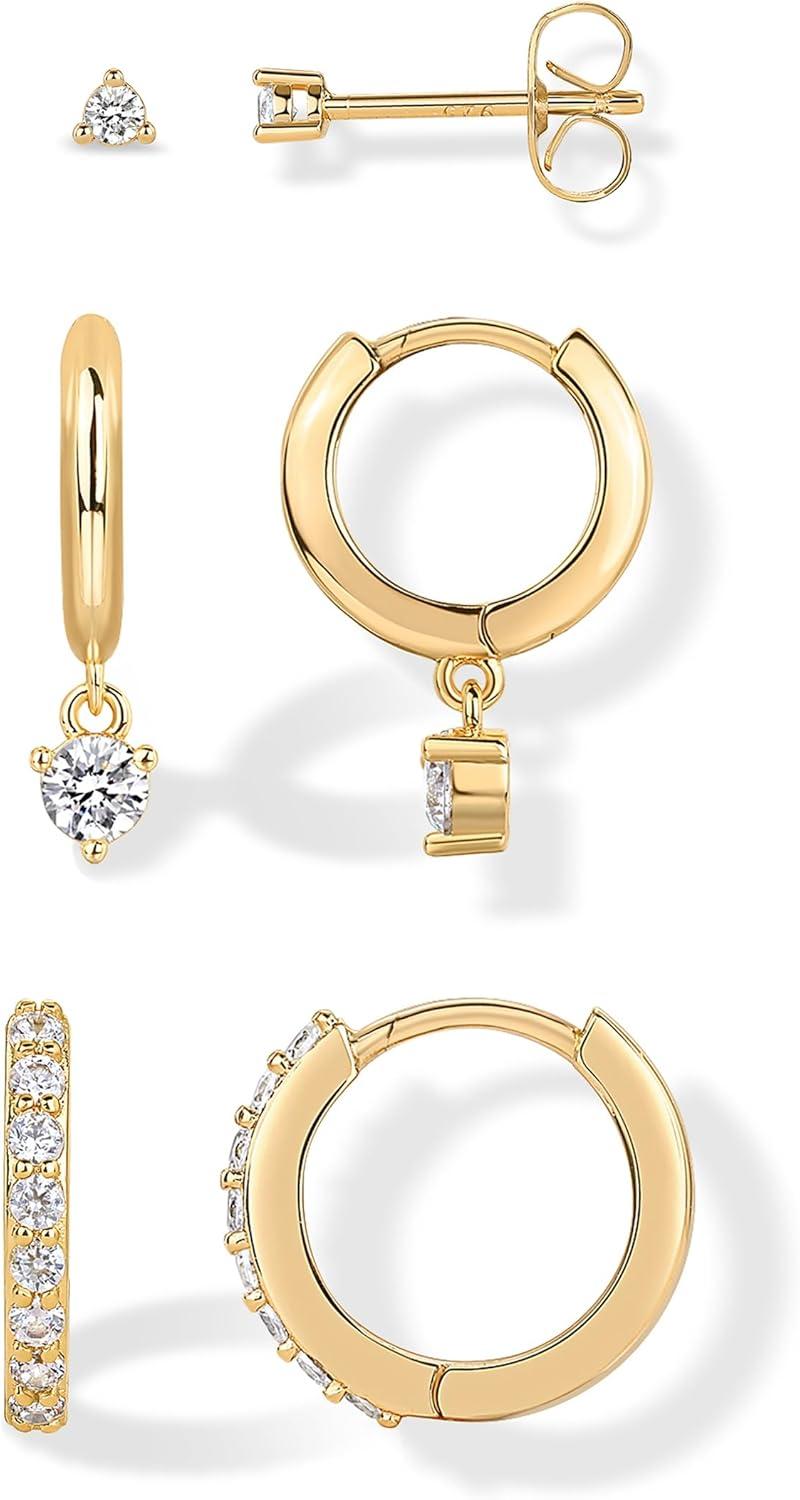 imagePAVOI 18K Gold Plated 925 Sterling Silver Posts Three Pairs Statement Earrings for Women  Cubic Zirconia Gold Earring Pack  Front Back Ear Jacket Crawler Stud Huggie Piercing Jewelry SetMinimalist