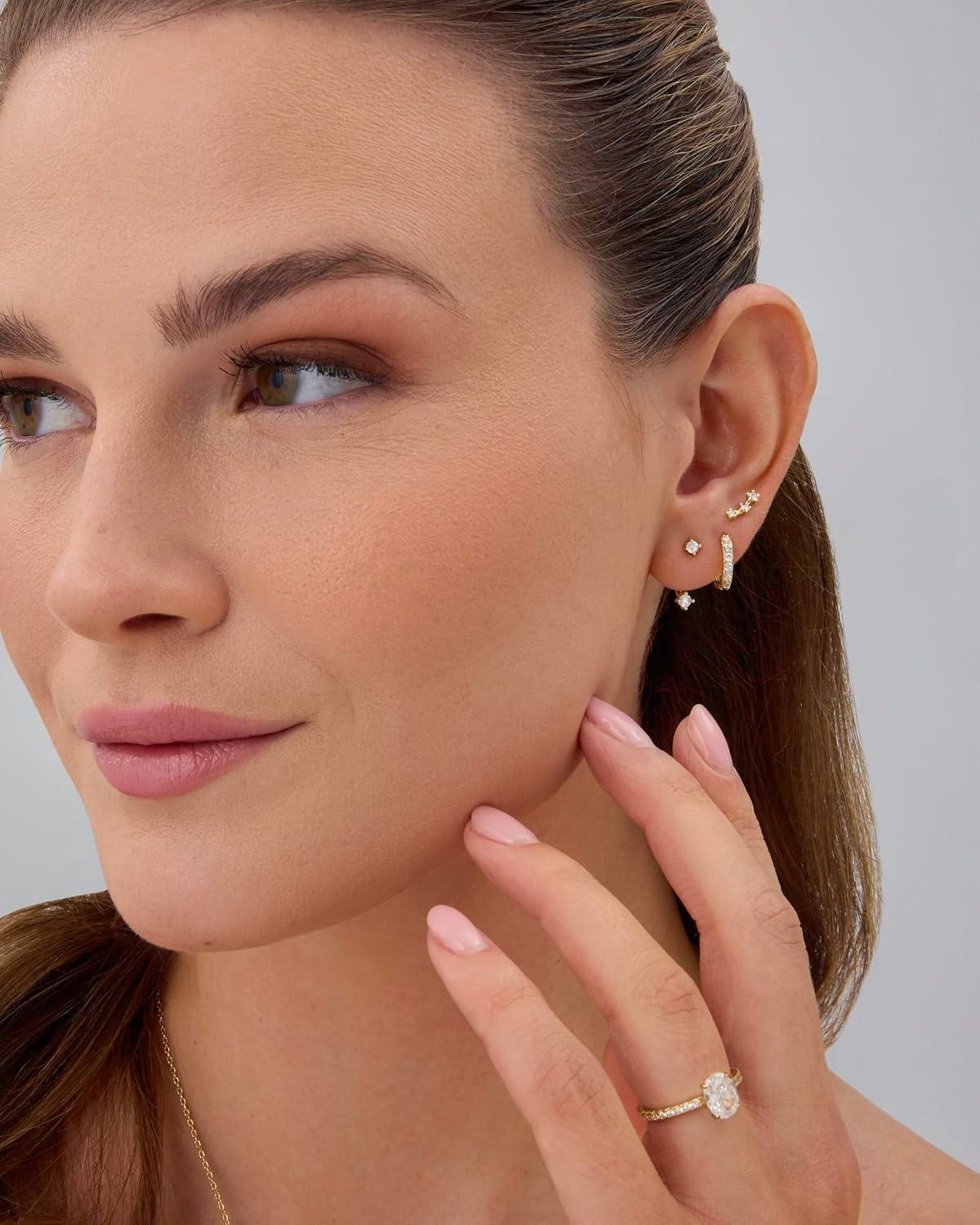 imagePAVOI 18K Gold Plated 925 Sterling Silver Posts Three Pairs Statement Earrings for Women  Cubic Zirconia Gold Earring Pack  Front Back Ear Jacket Crawler Stud Huggie Piercing Jewelry SetEar Jacket