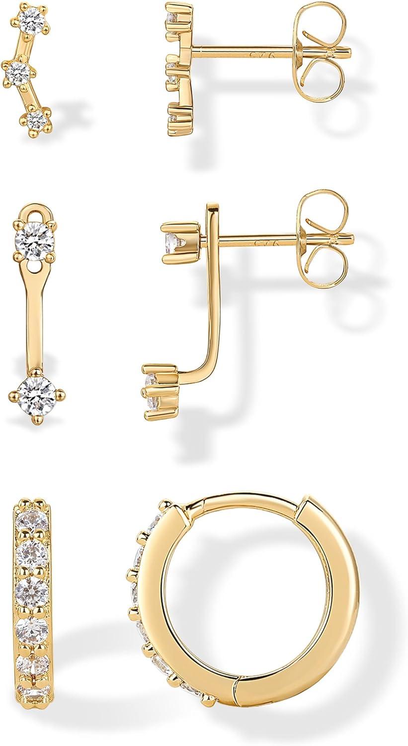 imagePAVOI 18K Gold Plated 925 Sterling Silver Posts Three Pairs Statement Earrings for Women  Cubic Zirconia Gold Earring Pack  Front Back Ear Jacket Crawler Stud Huggie Piercing Jewelry SetEar Jacket