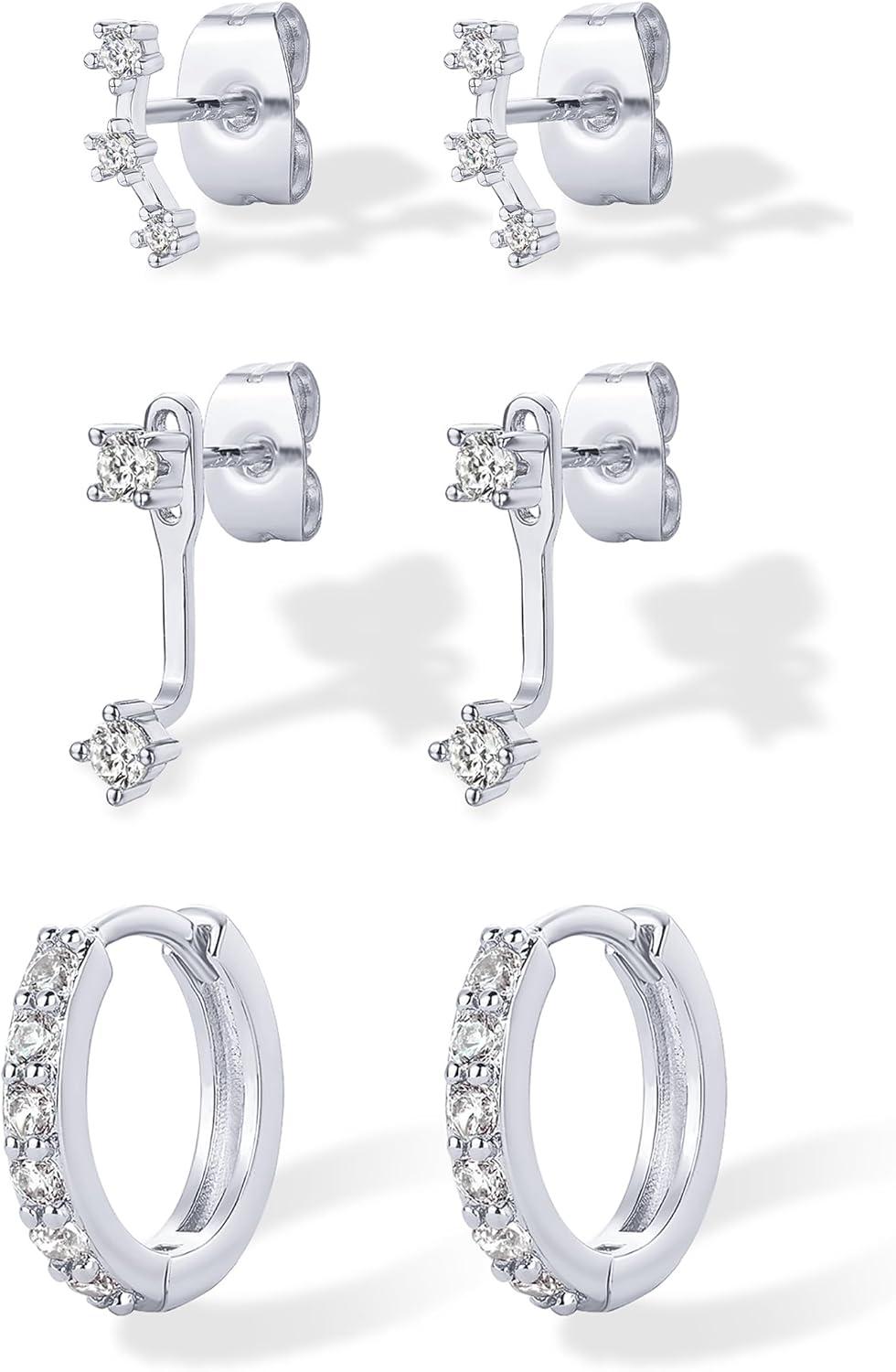 imagePAVOI 18K Gold Plated 925 Sterling Silver Posts Three Pairs Statement Earrings for Women  Cubic Zirconia Gold Earring Pack  Front Back Ear Jacket Crawler Stud Huggie Piercing Jewelry SetEar Jacket