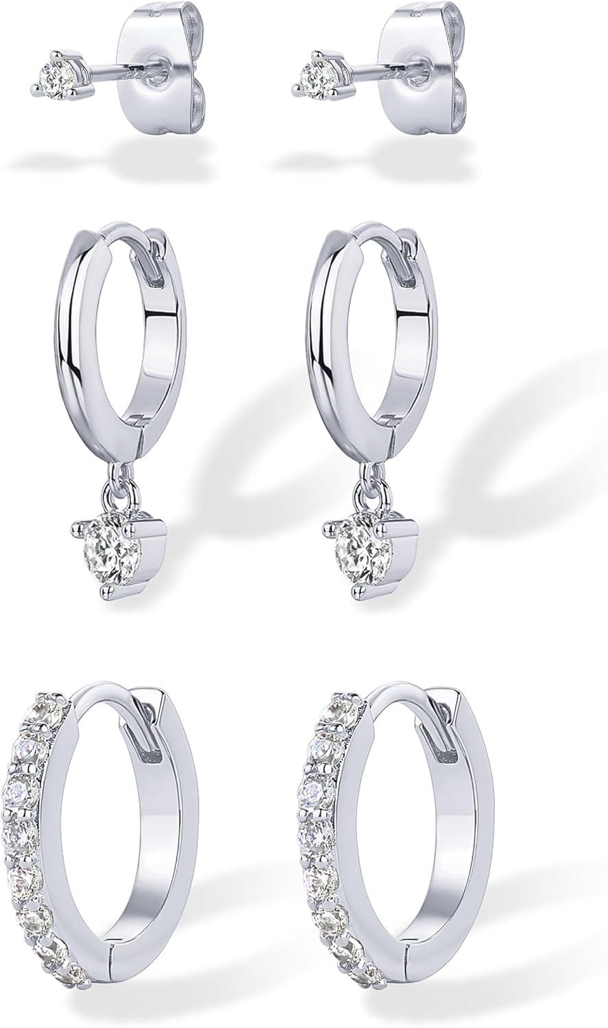 imagePAVOI 18K Gold Plated 925 Sterling Silver Posts Three Pairs Statement Earrings for Women  Cubic Zirconia Gold Earring Pack  Front Back Ear Jacket Crawler Stud Huggie Piercing Jewelry SetMinimalist