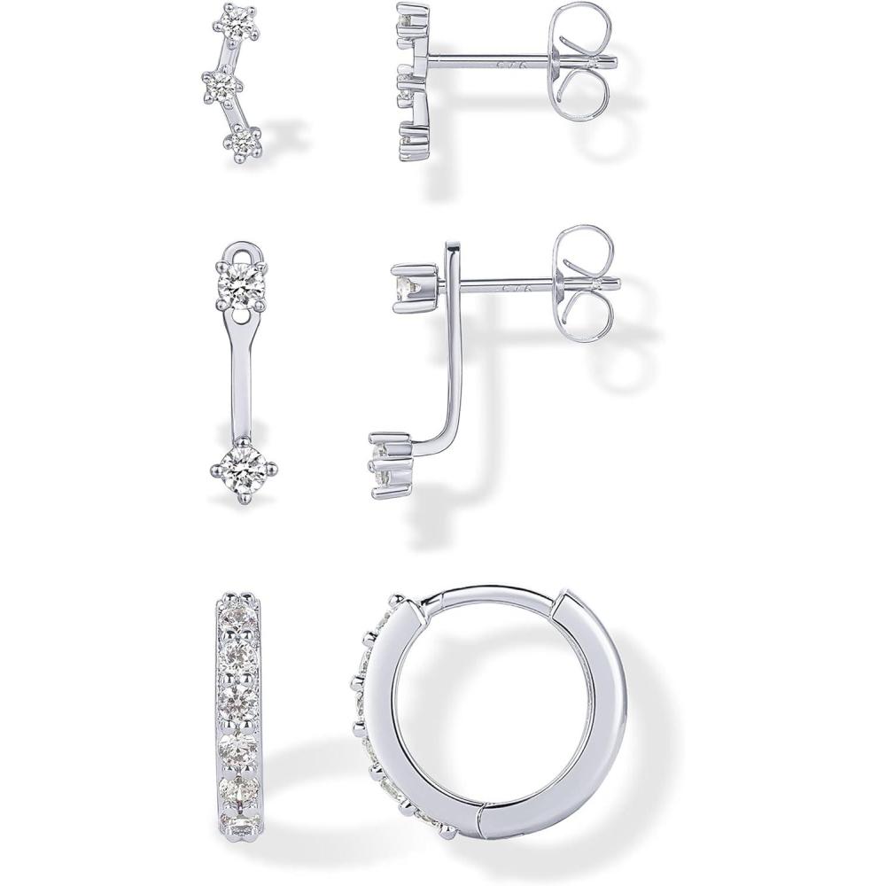 imagePAVOI 18K Gold Plated 925 Sterling Silver Posts Three Pairs Statement Earrings for Women  Cubic Zirconia Gold Earring Pack  Front Back Ear Jacket Crawler Stud Huggie Piercing Jewelry SetEar Jacket