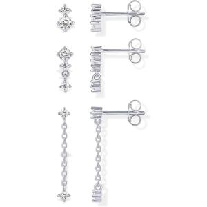 PAVOI 14K Gold Plated 925 Sterling Silver Posts Dainty Stud and Dangle Chain Earring Pack for Women | Set of 3 Cubic Zirconia Earrings(White Gold)