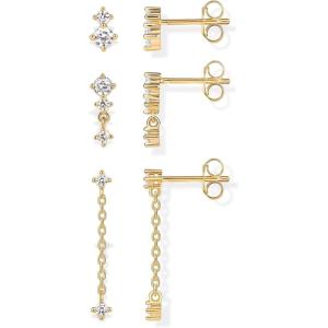PAVOI 14K Gold Plated 925 Sterling Silver Posts Dainty Stud and Dangle Chain Earring Pack for Women | Set of 3 Cubic Zirconia Earrings(Yellow Gold)