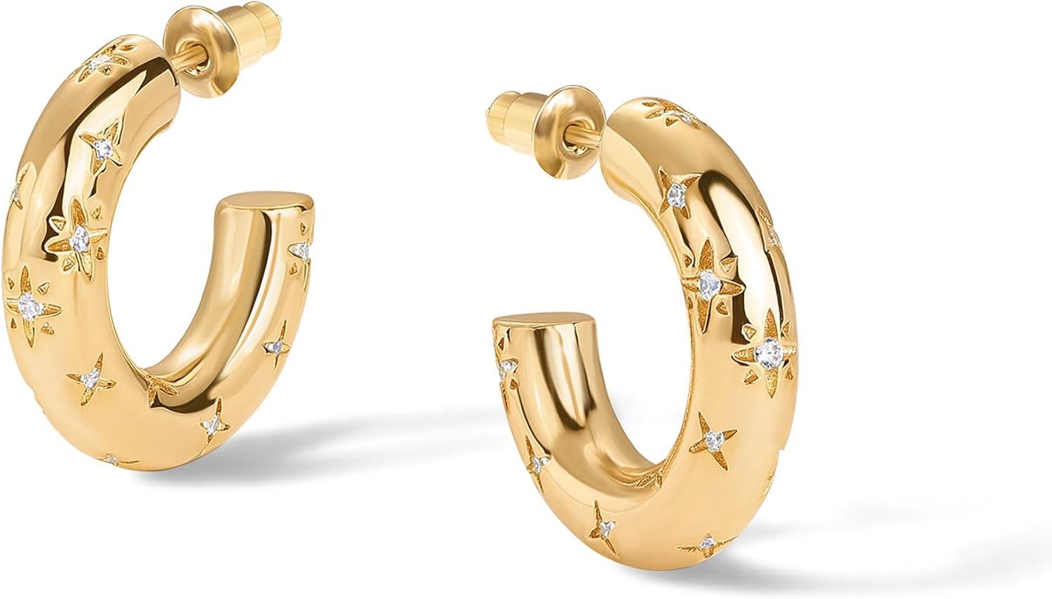 imagePAVOI 14K Gold Plated Star Shine Hoop Earrings for Women Cubic Zirconia Celestial Chunky Hoops Earrings20mm