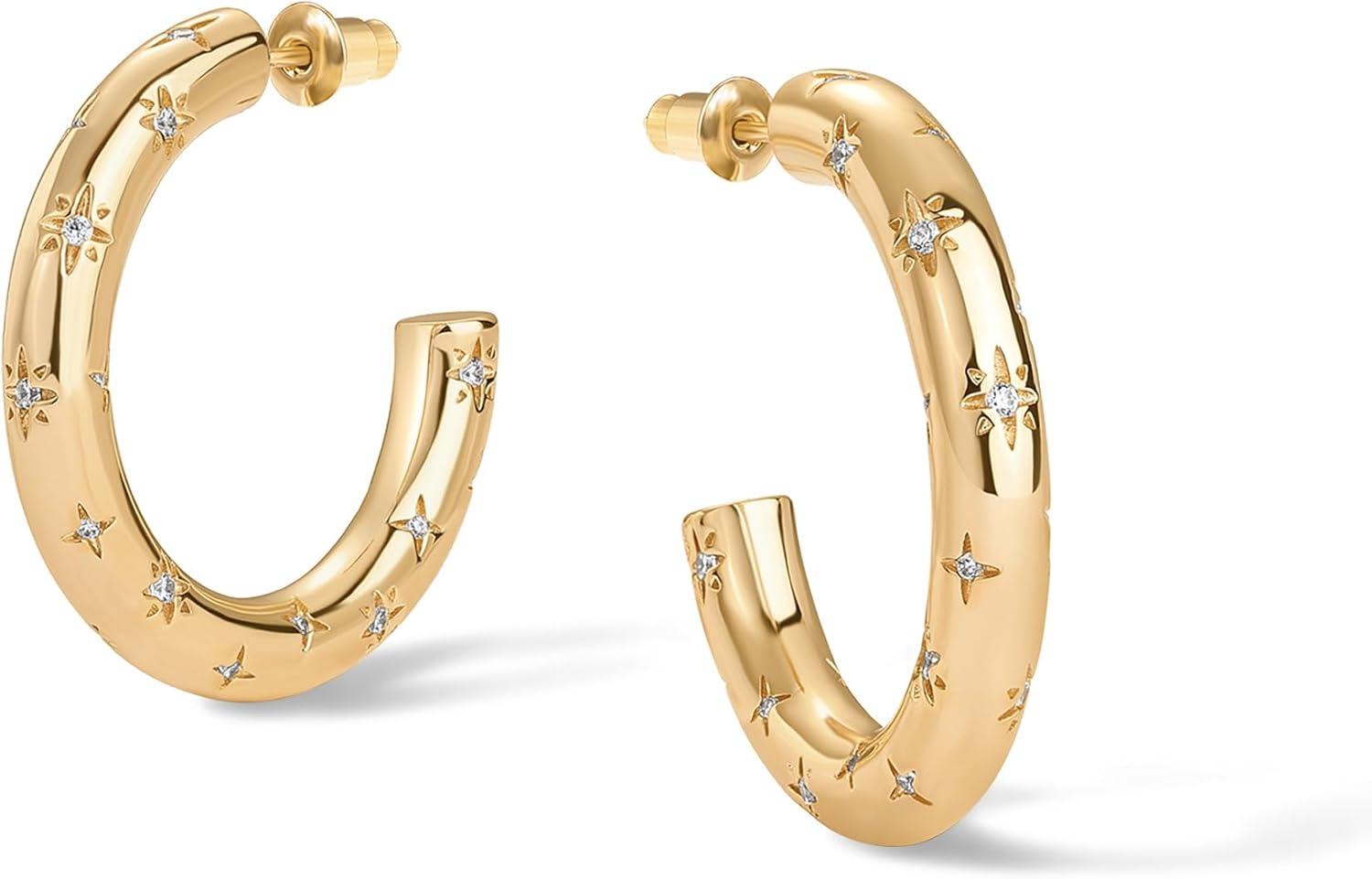 imagePAVOI 14K Gold Plated Star Shine Hoop Earrings for Women Cubic Zirconia Celestial Chunky Hoops Earrings30mm