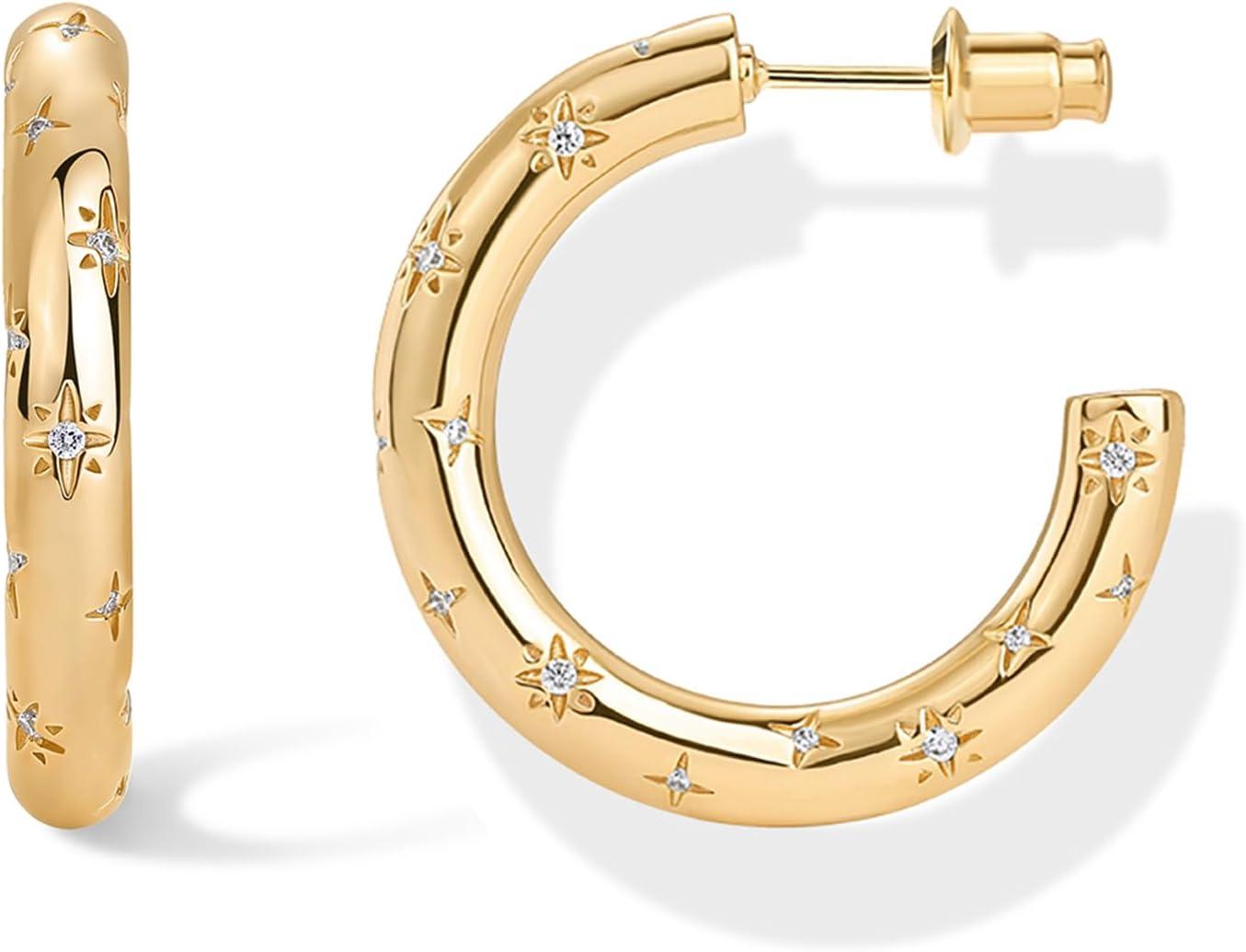 imagePAVOI 14K Gold Plated Star Shine Hoop Earrings for Women Cubic Zirconia Celestial Chunky Hoops Earrings30mm