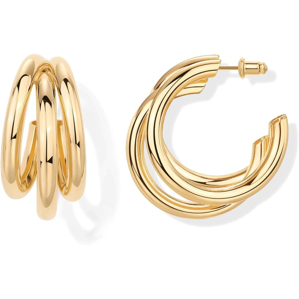 imagePAVOI 14K Gold Plated Chunky Multi Hoop Earrings for Women  Hypoallergenic Trendy Triple Split Loop Huggie EarringsYellow Gold