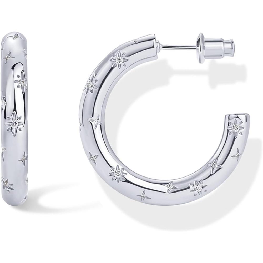 imagePAVOI 14K Gold Plated Star Shine Hoop Earrings for Women Cubic Zirconia Celestial Chunky Hoops Earrings30mm