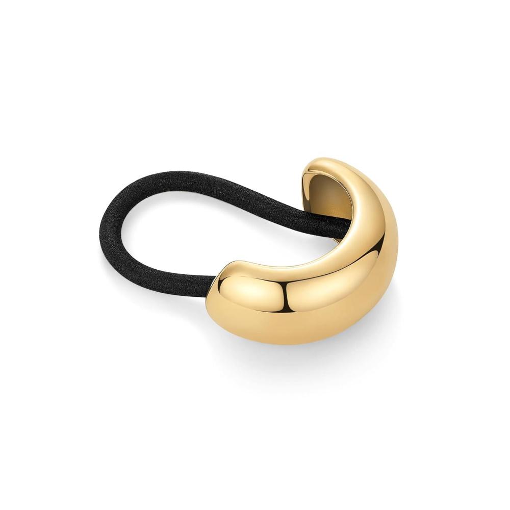 imagePAVOI 14K Yellow Gold Plated Dome Waterproof Chunky Metal Hair Band Ponytail Holders for Women Stainless Steel Statement Cuff Fashion Accessories Stretchy Gold Hair TiesDome Yellow Gold