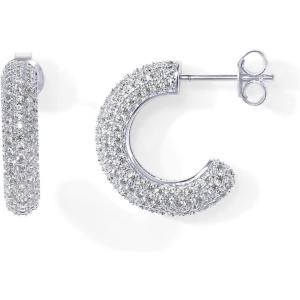 PAVOI 14K Gold Plated 925 Sterling Silver Post Cubic Zirconia Chunky Hoop Earrings – Thick Lightweight Gold Earrings for Women – Fully Studded Hoop(White Gold)