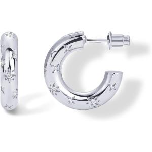 PAVOI 14K Gold Plated Star Shine Hoop Earrings for Women | Cubic Zirconia Celestial Chunky Hoops Earrings(20mm)