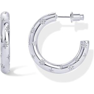 PAVOI 14K Gold Plated Star Shine Hoop Earrings for Women | Cubic Zirconia Celestial Chunky Hoops Earrings(30mm)