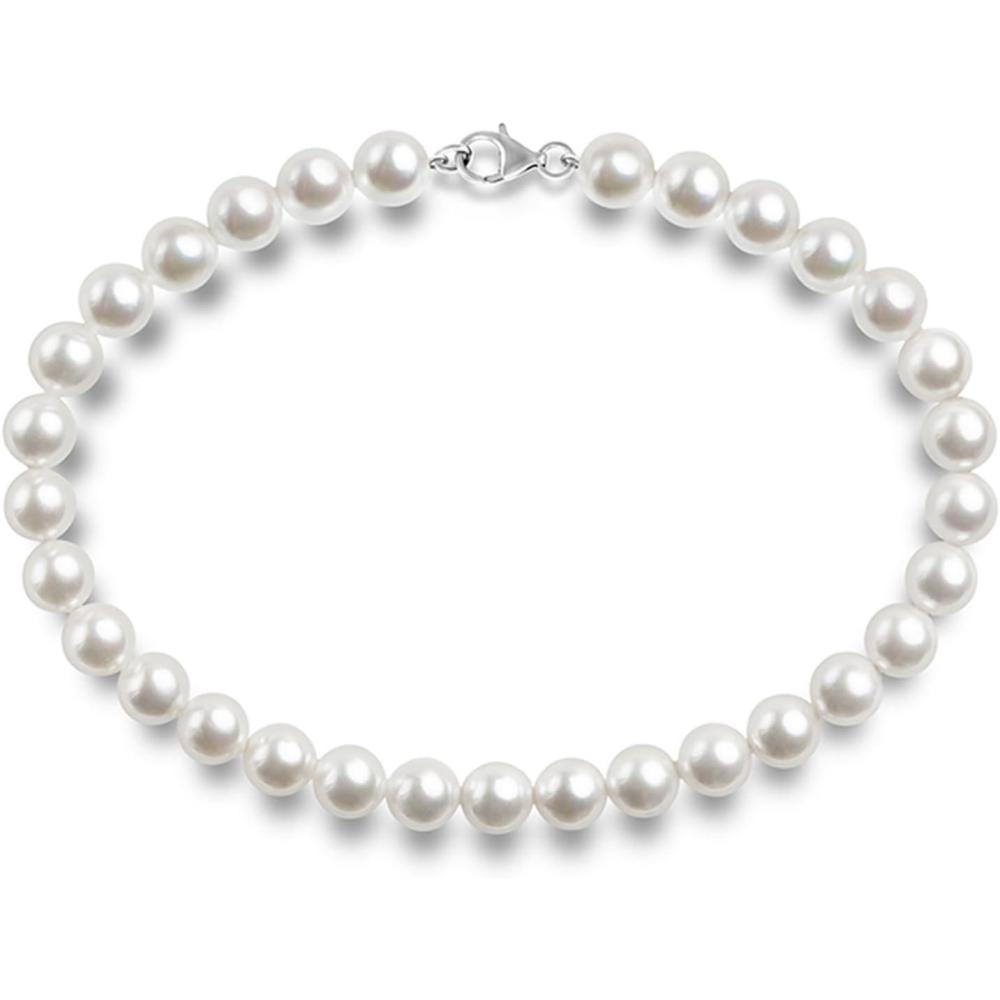 imagePAVOI 925 Sterling Silver Round White Simulated Shell Pearl Necklace Strand  Pearl Choker Necklace  Jewelry for Women8mm