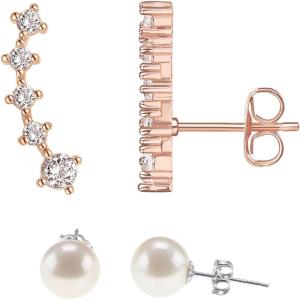 PAVOI 14K Gold Plated 925 Sterling Silver Post Cubic Zirconia Crawler Earrings Pearl Studs Set | CZ Climber Earrings, Pearl Studs Pack for Women(Rose Gold)