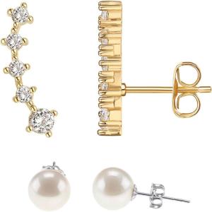 PAVOI 14K Gold Plated 925 Sterling Silver Post Cubic Zirconia Crawler Earrings Pearl Studs Set | CZ Climber Earrings, Pearl Studs Pack for Women(Yellow Gold)