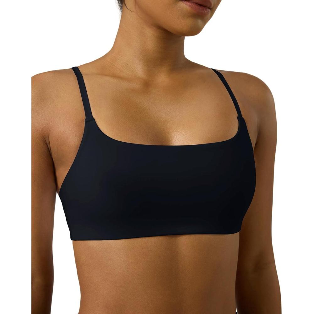 imagePAVOI ACTIVE Low Square Neck Sports Bra  Adjustable Thin Straps Bandeau Padded Workout Square Neck Bra for Women  FlexFlowBlack