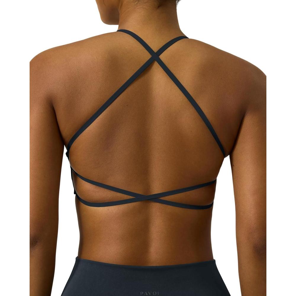 imagePAVOI ACTIVE Open Back Strappy Yoga Workout Bras for Women  Low Support CrissCross Sports Gym Bra Removable Pads  FlexFlowSlate