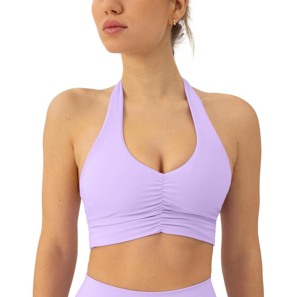 imagePAVOI ACTIVE Ruching Workout Halter Bra for Women  Low Support V Neck Yoga Backless Sports Bra Padded Halter Top  FlexFlowLilac