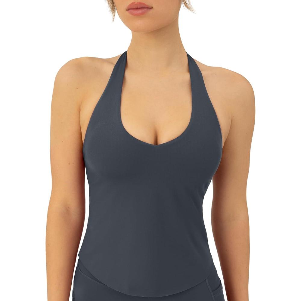 imagePAVOI ACTIVE Workout Halter Tops for Women Built in Bra  Low Support V Neck Backless Sports Tank Top Shelf Bra  HiPerformThunder