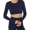 PAVOI ACTIVE Long Sleeve Crop Top | Medium Support Crew Neck Moisture-Wicking Women’s Performance Gym Workout Tee | HiPerform(Twilight)