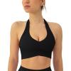 PAVOI ACTIVE Ruching Workout Halter Bra for Women – Low Support V Neck Yoga Backless Sports Bra Padded Halter Top – FlexFlow(Black)