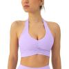 PAVOI ACTIVE Ruching Workout Halter Bra for Women – Low Support V Neck Yoga Backless Sports Bra Padded Halter Top – FlexFlow(Lilac)