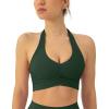 PAVOI ACTIVE Ruching Workout Halter Bra for Women – Low Support V Neck Yoga Backless Sports Bra Padded Halter Top – FlexFlow(Pine Green)