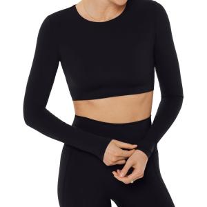 PAVOI ACTIVE Long Sleeve Crop Top | Medium Support Crew Neck Moisture-Wicking Women’s Performance Gym Workout Tee | HiPerform(Black)