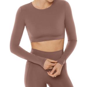 PAVOI ACTIVE Long Sleeve Crop Top | Medium Support Crew Neck Moisture-Wicking Women’s Performance Gym Workout Tee | HiPerform(Clay)