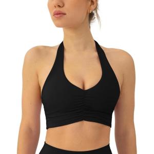 PAVOI ACTIVE Ruching Workout Halter Bra for Women – Low Support V Neck Yoga Backless Sports Bra Padded Halter Top – FlexFlow(Black)