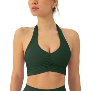 PAVOI ACTIVE Ruching Workout Halter Bra for Women – Low Support V Neck Yoga Backless Sports Bra Padded Halter Top – FlexFlow(Pine Green)