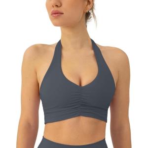 PAVOI ACTIVE Ruching Workout Halter Bra for Women – Low Support V Neck Yoga Backless Sports Bra Padded Halter Top – FlexFlow(Thunder)