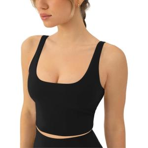 PAVOI ACTIVE Scoop Workout Tank Top with Built in Bra for Women – Medium Support Longline Yoga Sports Shelf Bra Top, FlexFlow(Black)