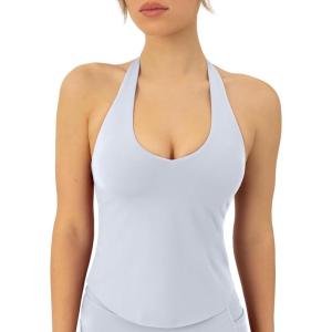 PAVOI ACTIVE Workout Halter Tops for Women Built in Bra – Low Support V Neck Backless Sports Tank Top Shelf Bra – HiPerform(Silver)