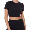 PAVOI ACTIVE Athleisure Crop Tee | Low Support Crew Neck Short Cap Sleeves Lounge Workout Women’s Cropped Top | LuxeCloud(Black)