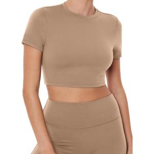 PAVOI ACTIVE Athleisure Crop Tee | Low Support Crew Neck Short Cap Sleeves Lounge Workout Women’s Cropped Top | LuxeCloud(Sand)