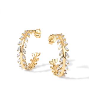 PAVOI 14K Gold Plated 925 Sterling Silver Post Cubic Zirconia Leaf Hoop Earrings | Gold Hoop Earrings for Women(Yellow Gold)