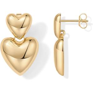 PAVOI 14K Gold Plated 925 Sterling Silver Posts Chunky Heart Statement Earrings for Women | Love Friendship Puffy Heart Teardrop Dangle & Stud Earrings(Yellow Gold)